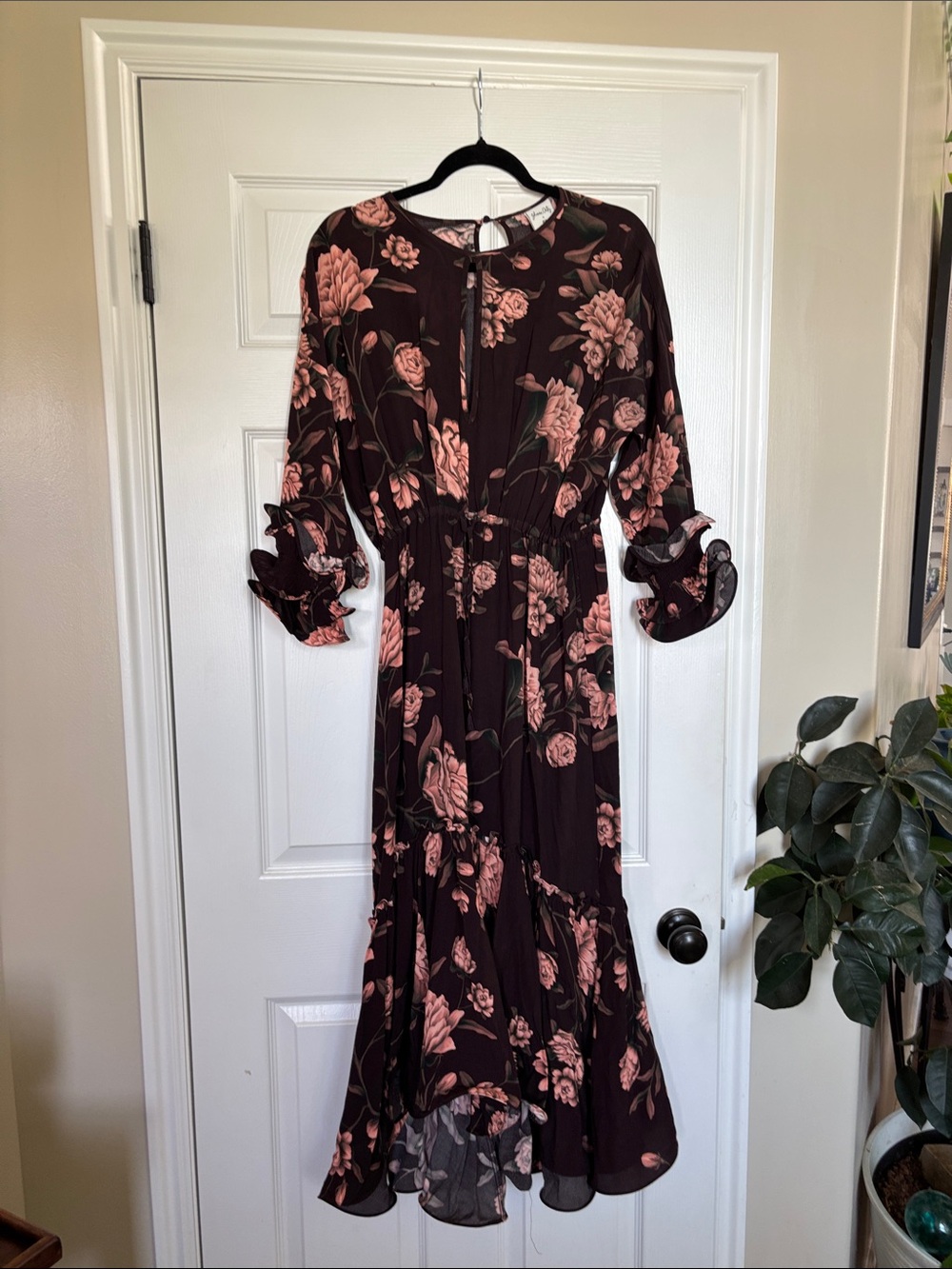 H&M Dark Maroon Maxi Dress with Pink Floral Print